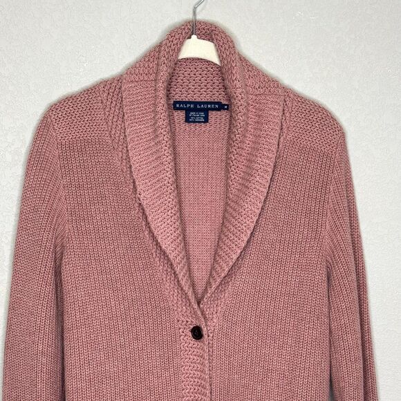 Ralph Lauren Sweater Womens Medium Pink Shawl Collar Cardigan Cotton Cashmere - Picture 5 of 8